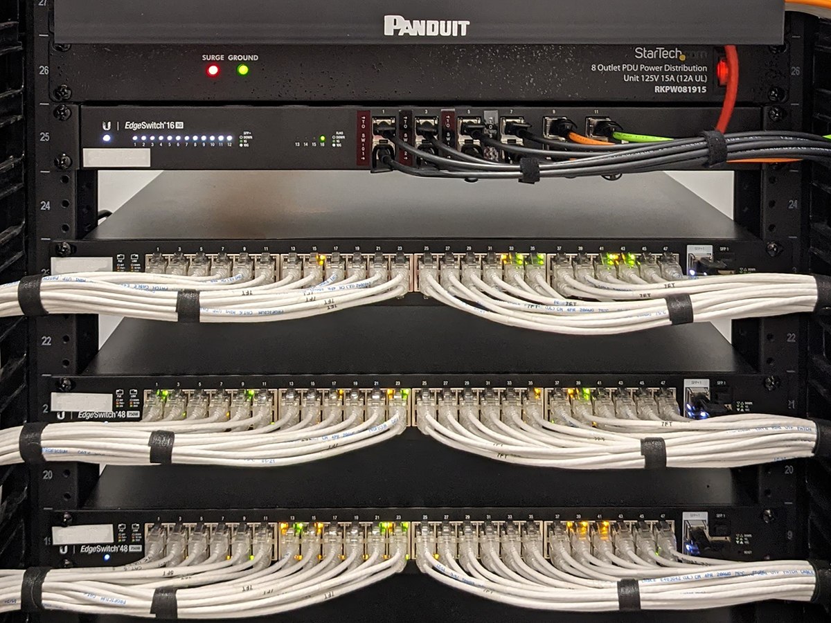Server rack with network switches and cable management